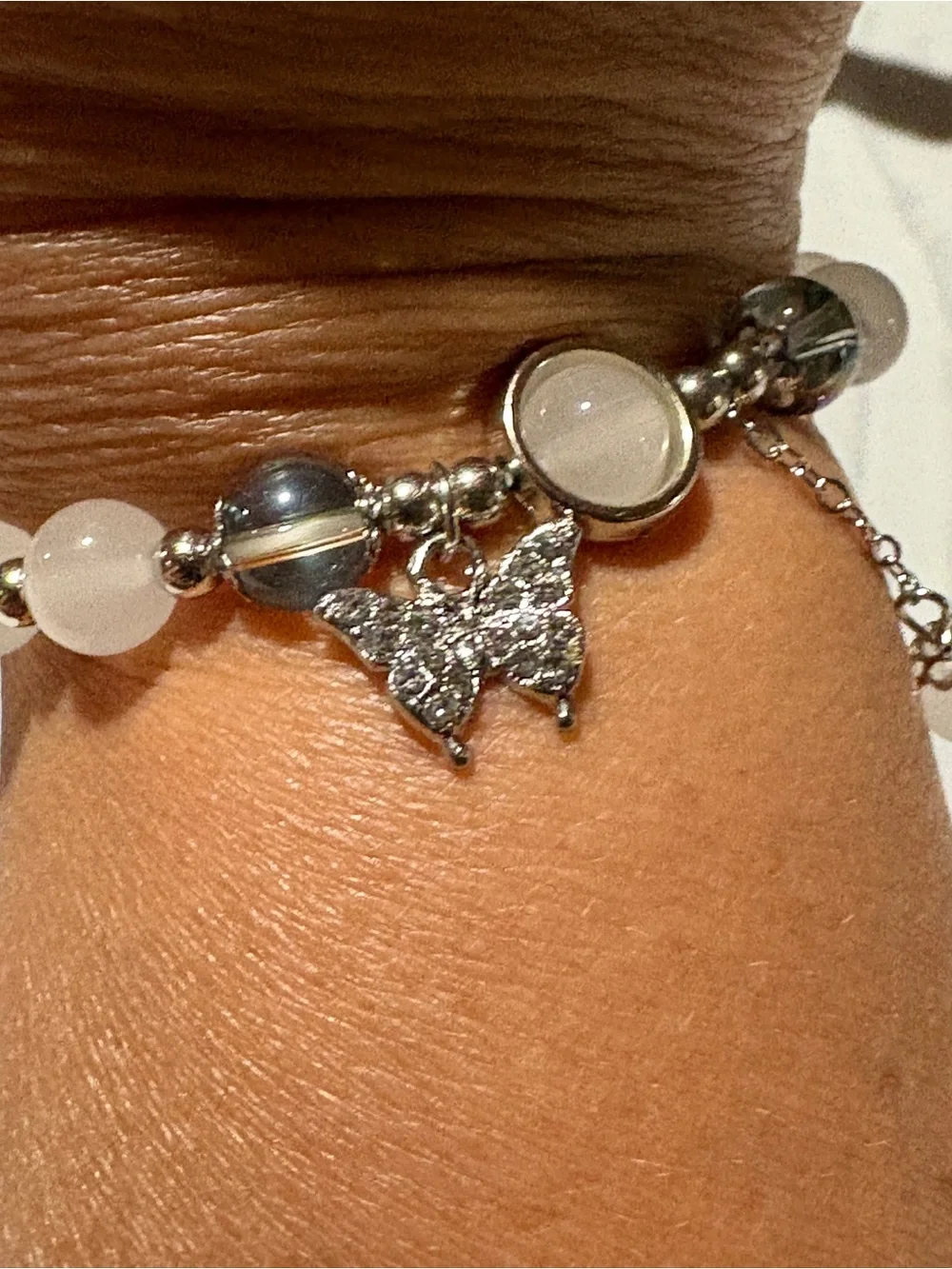 Silver Butterfly Gray Beaded Bracelet – Rhinestone Charm – Elegant Stretch Brace
